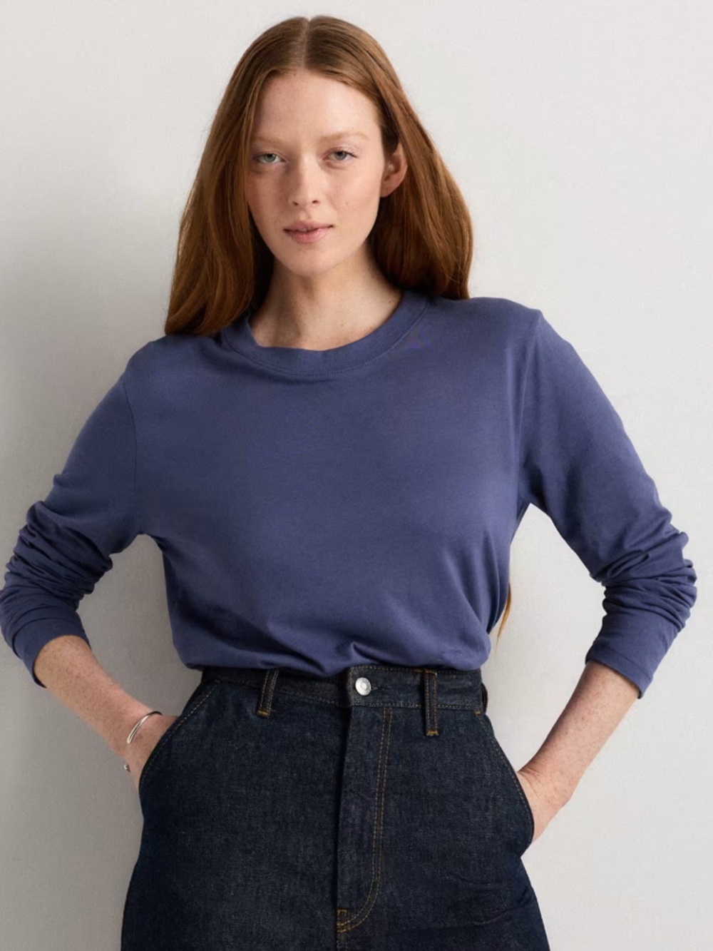 New Quince Cotton Modal Relaxed Long Sleeve Tee in Storm Blue